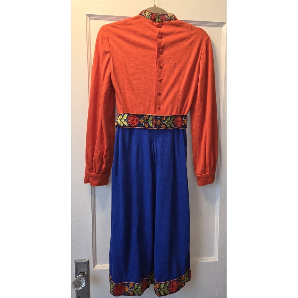 True Vintage Lanz Partridge Trim Ribbon Folk Print Dress. Red Blue. Mock Neck. - Picture 3 of 13